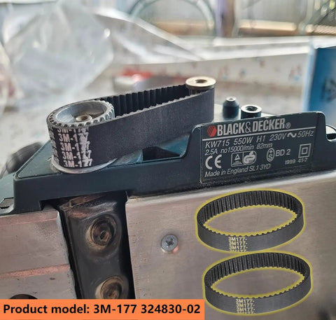 Built Like A Tank Replacement Planer Drive Belt Fits Black And Decker BD713 And Dewalt KW715 For Smooth As Silk Woodworking Rotations Solid Construction For Relentless Shop Grind Two Piece Pack close-up of 3M-177 belt on tool