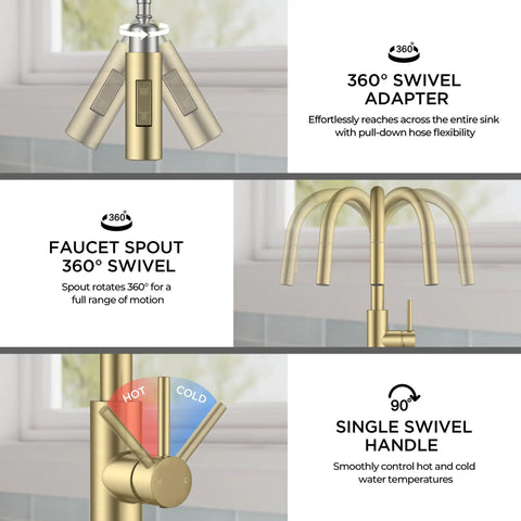Slick Brushed Gold Kitchen Faucet With Pull Down Sprayer And Dual Spray Modes High Arc Spout Design for easy pot filling showing 360° swivel and handle.