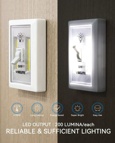 Bright Wireless COB LED Night Light Switches with 200 Lumen Output, battery operated, wall-mounted, side view, 4 pack