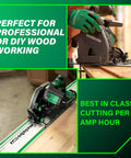 Powerhouse 36V Cordless Track Saw Kit With 6-1/2 Inch Blade on wooden surface, showing precision cut and adjustable bevel angle.