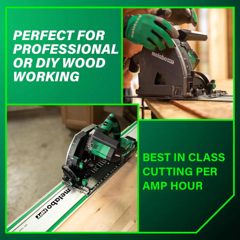 Powerhouse 36V Cordless Track Saw Kit With 6-1/2 Inch Blade on wooden surface, showing precision cut and adjustable bevel angle.