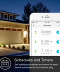 Heavy Duty Outdoor Wi-Fi Smart Plug With Dual Sockets shown on phone setting timers for backyard automation lighting.
