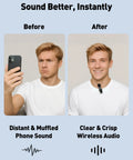 Comparison of man with muffled phone sound and crisp wireless audio using Wireless Lavalier Microphone 4 In 1 Clip On For iPhone Android USB C PC And Camera With Rotatable Clip And Active Denoise For Vlog TikTok YouTube Podcasts Content Creators.
