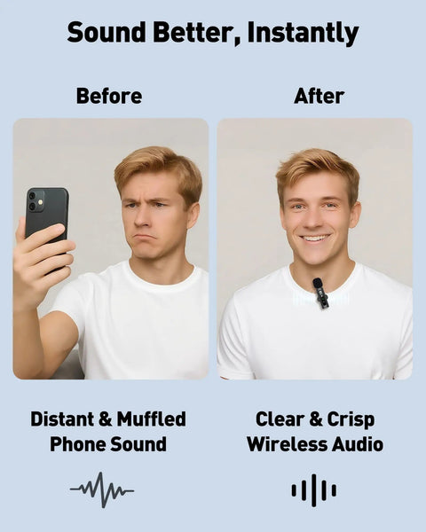 Comparison of man with muffled phone sound and crisp wireless audio using Wireless Lavalier Microphone 4 In 1 Clip On For iPhone Android USB C PC And Camera With Rotatable Clip And Active Denoise For Vlog TikTok YouTube Podcasts Content Creators.