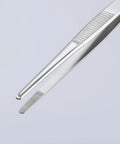 Precision Tweezers With Approx 30 mm Round Tips And Fine Serration, Nickel Plated Chrome Finish, close-up of tip and serration detail