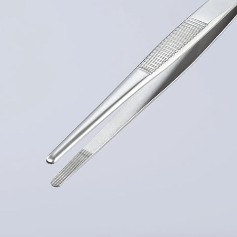 Precision Tweezers With Approx 30 mm Round Tips And Fine Serration, Nickel Plated Chrome Finish, close-up of tip and serration detail