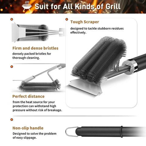 18 Inch Adjustable Grill Brush With Scraper for Outdoor Grills Heavy Duty BBQ Cleaner with stainless steel bristles and non-slip handle.