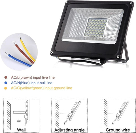 JUDYSSY Security Lights Led Flood Light Floodlight White High Power Waterproof showing wiring details and adjustable mounting angle.