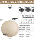 Large Off White Paper Pendant Light 23.6 Inch Japanese Rice Paper Ceiling Lamp with adjustable hanging length and specs.