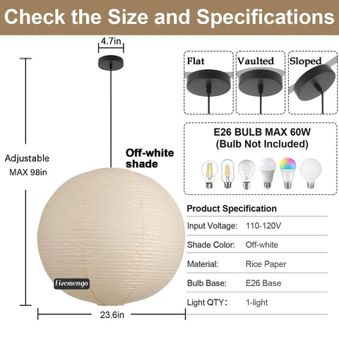 Large Off White Paper Pendant Light 23.6 Inch Japanese Rice Paper Ceiling Lamp with adjustable hanging length and specs.