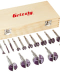 Pro Gear 15 Piece Carbide Tipped Forstner Bit Filler Set Features Beefy 3 8 Inch Hex Shanks in wooden box, tools for woodworking.
