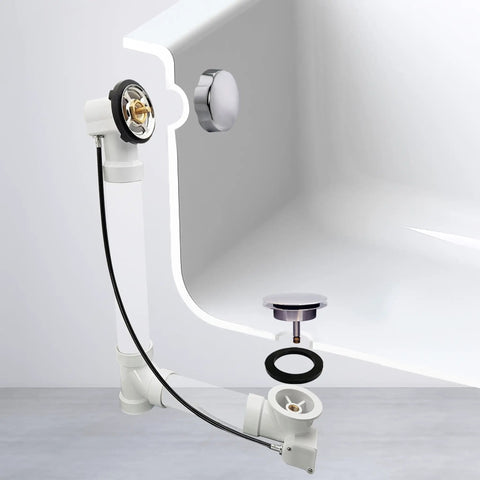 45 Inch Cable Drive Bath Drain Trim Kit With Rotary Overflow Cover Knob Pop Up Stopper And Schedule 40 PVC Fittings In Polished Chrome No Fuss For Modern Bathrooms