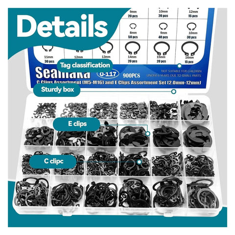 Massive 900 Piece Carbon Steel Snap Ring Set With 24 Sizes C And E Type Retaining Rings Spring Circlips Kit For Auto Parts Repair And DIY Mechanical Fixes, organizer box