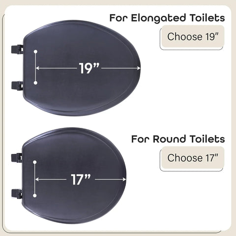 Comparison of two toilet seats: 19-inch for elongated toilets and 17-inch for round toilets, in black color.