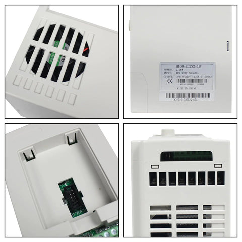 Close-up views of Beast 2.2KW VFD Inverter for CNC Router Milling and Engraving, showing fan vents and control panel.