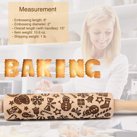 Christmas Themed Embossed Rolling Pin For Baking Cookies With Snowflake And Snowman Designs Wooden Engraved Springerle Style Dough Roller