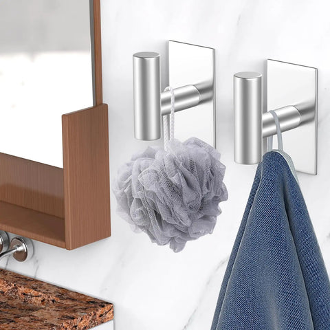 Killer Grip Adhesive Wall Towel Hooks, Heavy Duty Sticky Coat Holders For Bathroom Kitchen And Closet, No Sweat Waterproof Home Organization Rack, Silver Two Pack