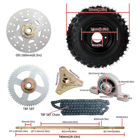 29 Inch Rear Axle Assembly Complete Wheel Hub Kit for Go Kart Quad Trike Drift Bikes Go Kart Wheels and Rear Axle Kit with Hub Bearings and Mounting Components including brake disc, tire, chain, and bearings