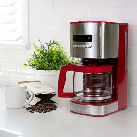 Red 12 Cup Programmable Drip Coffee Maker With Auto Shut Off And Glass Carafe, Regular Or Bold Brews, on kitchen counter