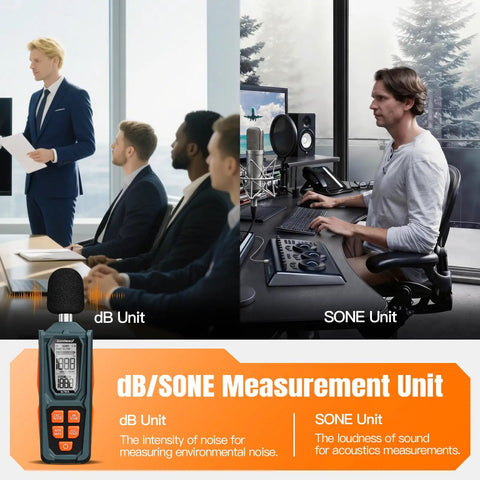 Handy Decibel Meter For Home, Office And Factory, Digital Sound Level Meter With AC Weighting, Reads 30 To 130 dB, Fast And Slow Response, Max And Min Readouts, LCD Screen, Neighbors Noise Checker, Vitality Orange, handheld meter display