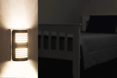 Plug In LED Motion Sensor Night Light With 40 Lumens And Motion Select For Boost Or Activation Dusk To Dawn Auto On Detects Motion Up To 25 Feet Brushed Nickel Louver Finish Great For Hallways And Desks 1 Pack