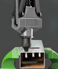 Close-up of a rivet tool applying rivet from the 600 Piece Aluminum Pop Rivet Set Kit With Fifteen Size Assortment For Auto, Metalworking, And Furniture Projects Including Three Thirty Second Inch, One Eighth Inch, Five Thirty Second Inch, Three Sixteenth Inch, And One Quarter Inch Rivets.