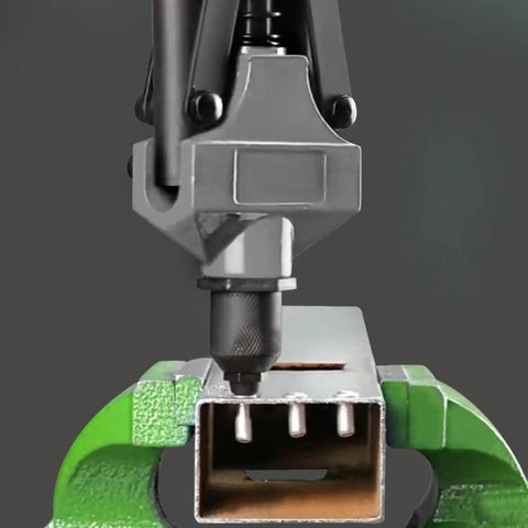 Close-up of a rivet tool applying rivet from the 600 Piece Aluminum Pop Rivet Set Kit With Fifteen Size Assortment For Auto, Metalworking, And Furniture Projects Including Three Thirty Second Inch, One Eighth Inch, Five Thirty Second Inch, Three Sixteenth Inch, And One Quarter Inch Rivets.