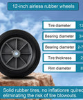Close-up of Heavy Duty 2 Pack 12 Inch Flat Free Solid Rubber Wheels 3 4 Inch Swivel Casters Built Like A Tank 1000 Lb Load Capacity.