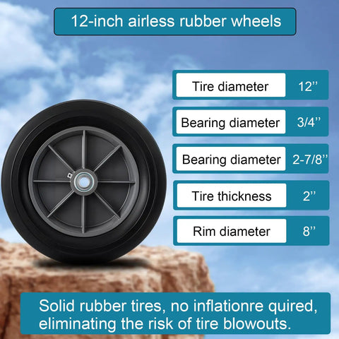Close-up of Heavy Duty 2 Pack 12 Inch Flat Free Solid Rubber Wheels 3 4 Inch Swivel Casters Built Like A Tank 1000 Lb Load Capacity.