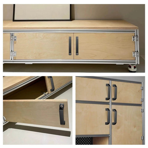 4 Pack 3030 Aluminum Handle Set With 120mm Hole Distance And Rectangular Industrial Pull Handles For 30 Series European Standard Aluminum Extrusion Profiles Black Finish on wooden cabinet drawers