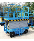 Heavy Duty Electric Hydraulic Scissor Lift Table Mobile Industrial Cargo Platform 16 Feet Adjustable with blue frame outdoors.