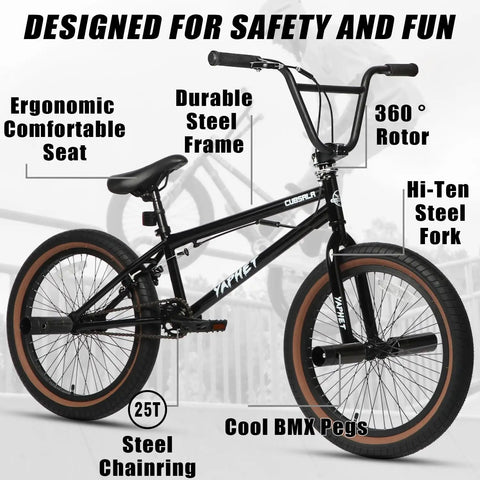 Yaphet 20 Inch Freestyle BMX Bike For Teens And Adults Street Ready Trick Bike With 360 Degree Rotating Handlebar Black