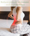 Person sitting on bed with back pain graphic, illustrating use of Ergonomic Mattress Lifter Wedge And Bed Maker Tool For No Fuss One Person Bed Making And Sheets Change Holds Mattress In Place So You Can Tuck Fitted And Flat Sheets Without Back Strain.