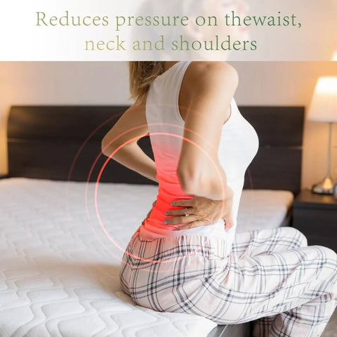 Person sitting on bed with back pain graphic, illustrating use of Ergonomic Mattress Lifter Wedge And Bed Maker Tool For No Fuss One Person Bed Making And Sheets Change Holds Mattress In Place So You Can Tuck Fitted And Flat Sheets Without Back Strain.