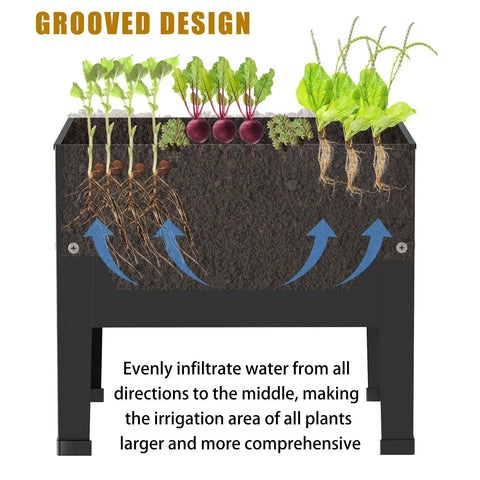 Black 14 Inch Elevated Planter Box With Legs For Outdoor Use Sturdy Metal Raised Garden Bed For Veggies, Herbs, And Flowers Patio Decor Rust Resistant Easy To Assemble Perfect For Small Spaces showing irrigation design and growth