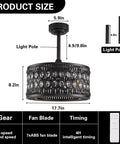 Dope Crystal Ceiling Fan With Lights Remote Control 6 Speeds Reversible Quiet Motor Black Finish size dimensions