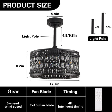 Dope Crystal Ceiling Fan With Lights Remote Control 6 Speeds Reversible Quiet Motor Black Finish size dimensions