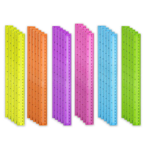 30 Pack Clear Plastic Rulers Bulk Value Set, 12 Inch with inches and centimeters, in assorted colors for school and office use