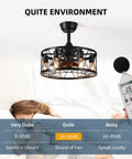 Caged Ceiling Fan With Lights Remote Control Farmhouse Low Profile Pendant Fandelier on, woman relaxing with sound meter, quiet environment.