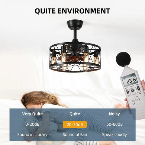 Caged Ceiling Fan With Lights Remote Control Farmhouse Low Profile Pendant Fandelier on, woman relaxing with sound meter, quiet environment.