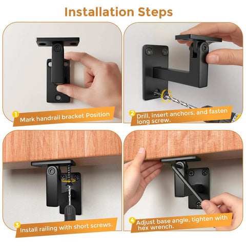 Installation steps for Four Pack Adjustable Handrail Brackets For Stairs Featuring 270 Degree Universal Swivel built from heavy carbon steel.