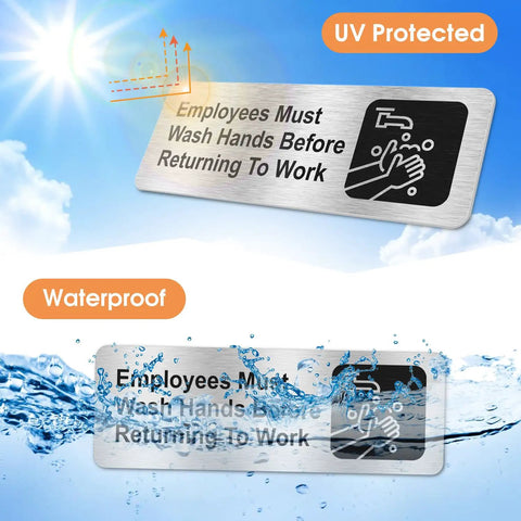 Employees Must Wash Hands Before Returning to Work Sign, 4 Pack, Rust-Free Brushed Aluminum Symbol Signage, UV protected and waterproof, floating in water, sky background.