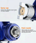 Lightweight Aluminum Pneumatic Paint Sprayer With Mixing Cup For Vehicles And Home Projects close-up of spray cap and paint nozzle details.