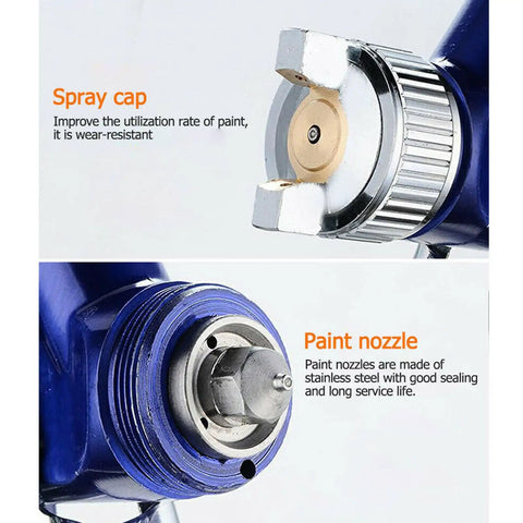 Lightweight Aluminum Pneumatic Paint Sprayer With Mixing Cup For Vehicles And Home Projects close-up of spray cap and paint nozzle details.