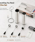 Rechargeable Milk Frother With Stand Electric Whisk Foam Maker USB C Two Speed Handheld Drink Mixer For Coffee Latte Cappuccino Matcha Drinks Silver Finish with accessories on display, including three whisks, stand, and USB cable.
