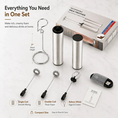 Rechargeable Milk Frother With Stand Electric Whisk Foam Maker USB C Two Speed Handheld Drink Mixer For Coffee Latte Cappuccino Matcha Drinks Silver Finish with accessories on display, including three whisks, stand, and USB cable.