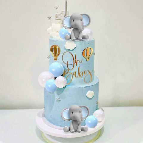 Too Cute Elephant Themed Cake Decor Set For Baby Birthday Cakes With Mini Elephants Blue And White Pearl Balls Hot Air Balloon Accents