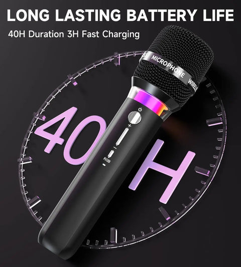 Rechargeable Wireless Karaoke Microphone With 200ft Range And 40Hour Battery Life Low Latency for singing shown with 40H clock