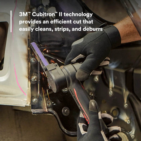 Using Cubitron II File Belts 60 Plus Grit 3/8 Inch By 13 Inch Pack Of 10 Resin Bonded for metal deburring and spot weld removal.