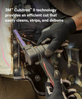 Cubitron II File Belts 36 Plus Grit used in metal finishing with file belt sander, sparks visible during deburring process.
